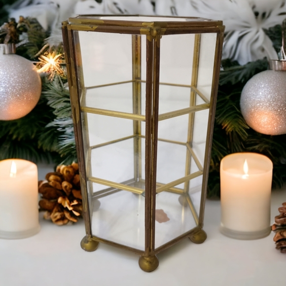 Vintage Glass Curio Cabinet Mini Brass Octagon 70s 80s Jewelry Trinket Box - Picture 9 of 16